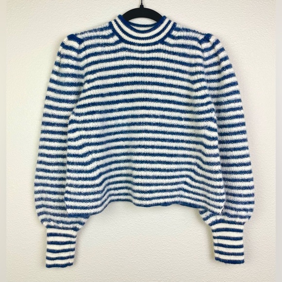Eleven Six Women's Small Mia Striped Knit Sweater Puff Sleeve 100% Baby Alpaca - Picture 2 of 15
